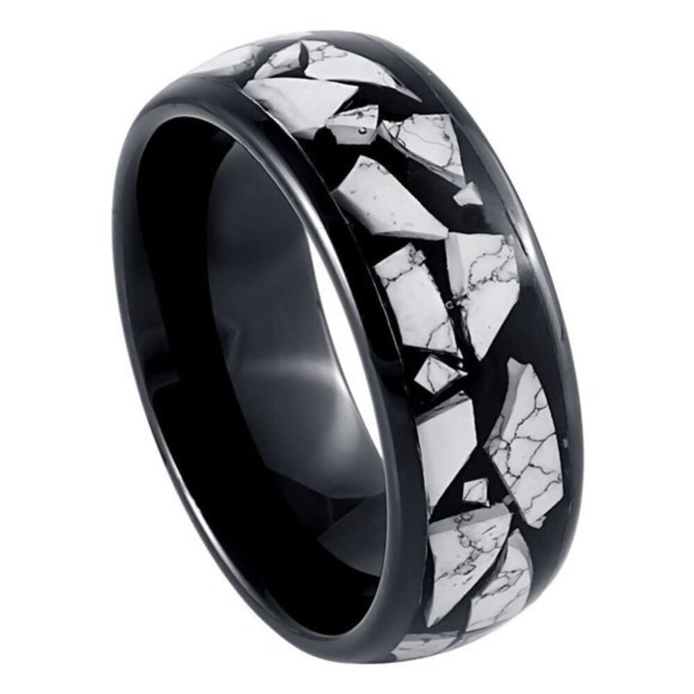 New 8mm Black IP plated White Turquoise Fragment Inlay Tungsten Wedding Band